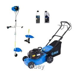 SGS 4pc Garden Tool Set 41cm Petrol Lawnmower, 52cc Strimmer/Brush Cutter & Oils