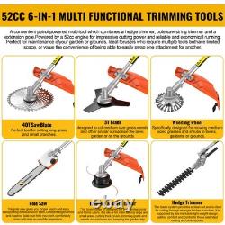 52CC 6 en 1 Taille-haie multi-outils thermique Débroussailleuse Coupe-bordures Tronçonneuse de jardin