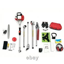 Outil multi-usages de jardin à essence 52 cc 5-en-1 : élagueuse sur perche avec tronçonneuse, coupe-bordures / taille-haies tout-en-un